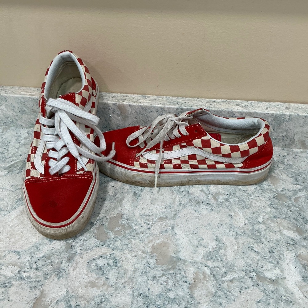 Vans Sneakers Old Skool 8.5W 7M Red White Checkerboard Suede Canvas Low Top